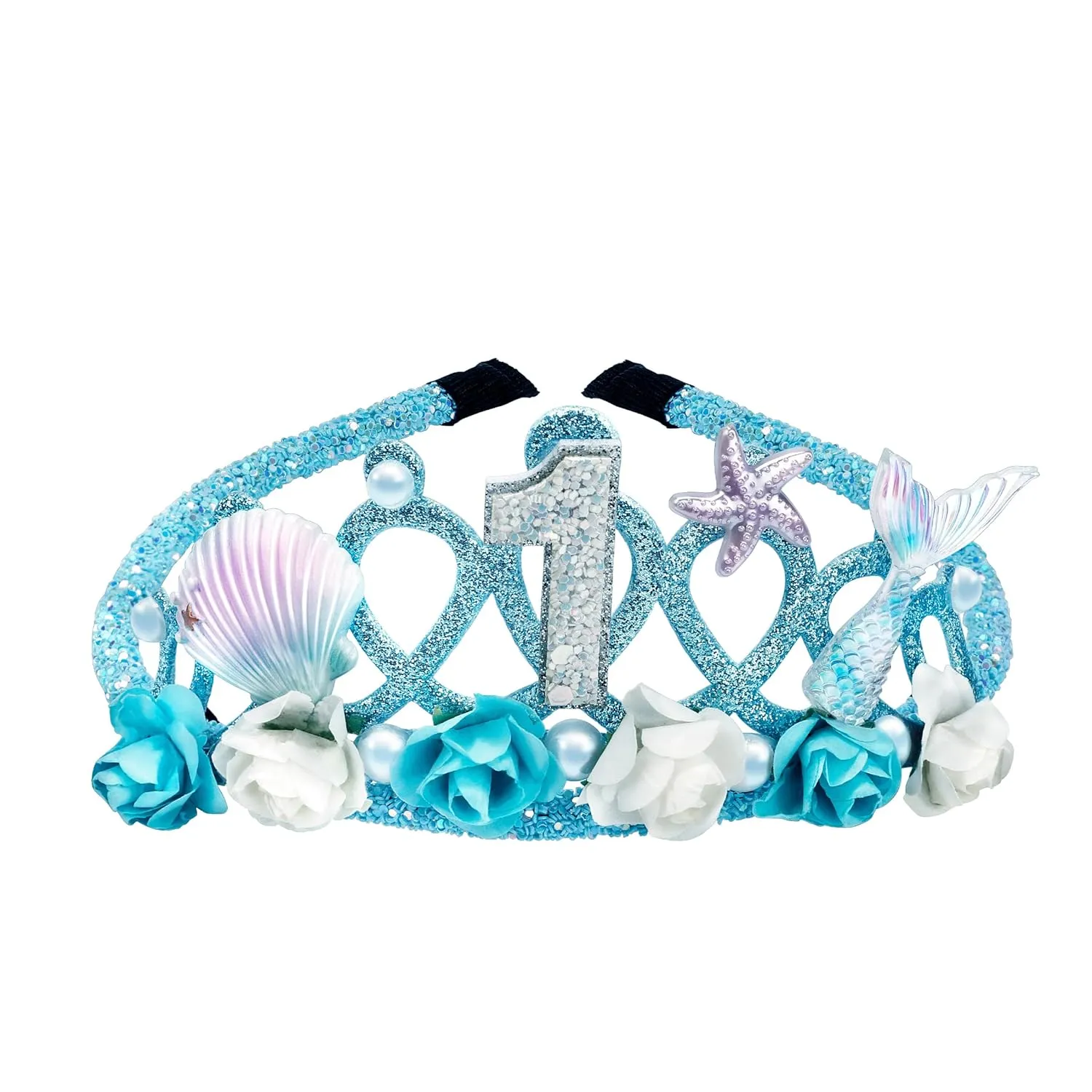 1 Year Old Birthday Tiara for Girls Mermaid Dazzling Pearls Headband for Little Girls Blue Mermaid Princess Tiara Seashell Supplies for Birthday Party Decorations