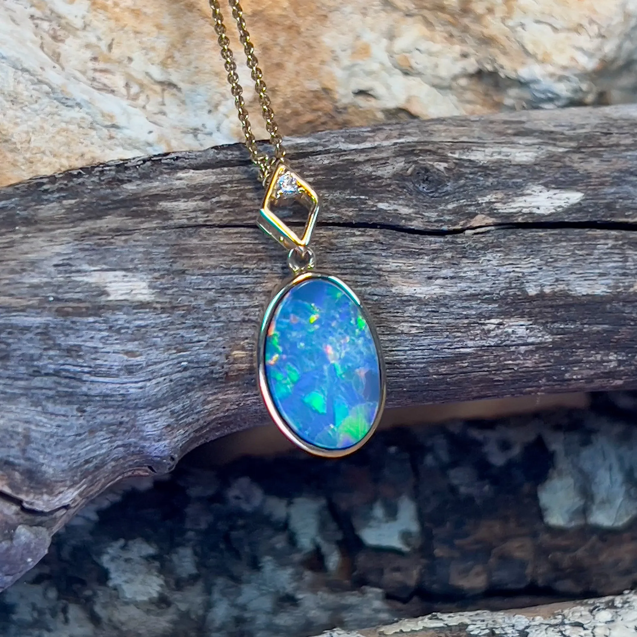 14kt Yellow Gold Opal Doublet 3.75ct and 0.03ct Diamonds bezel pendant