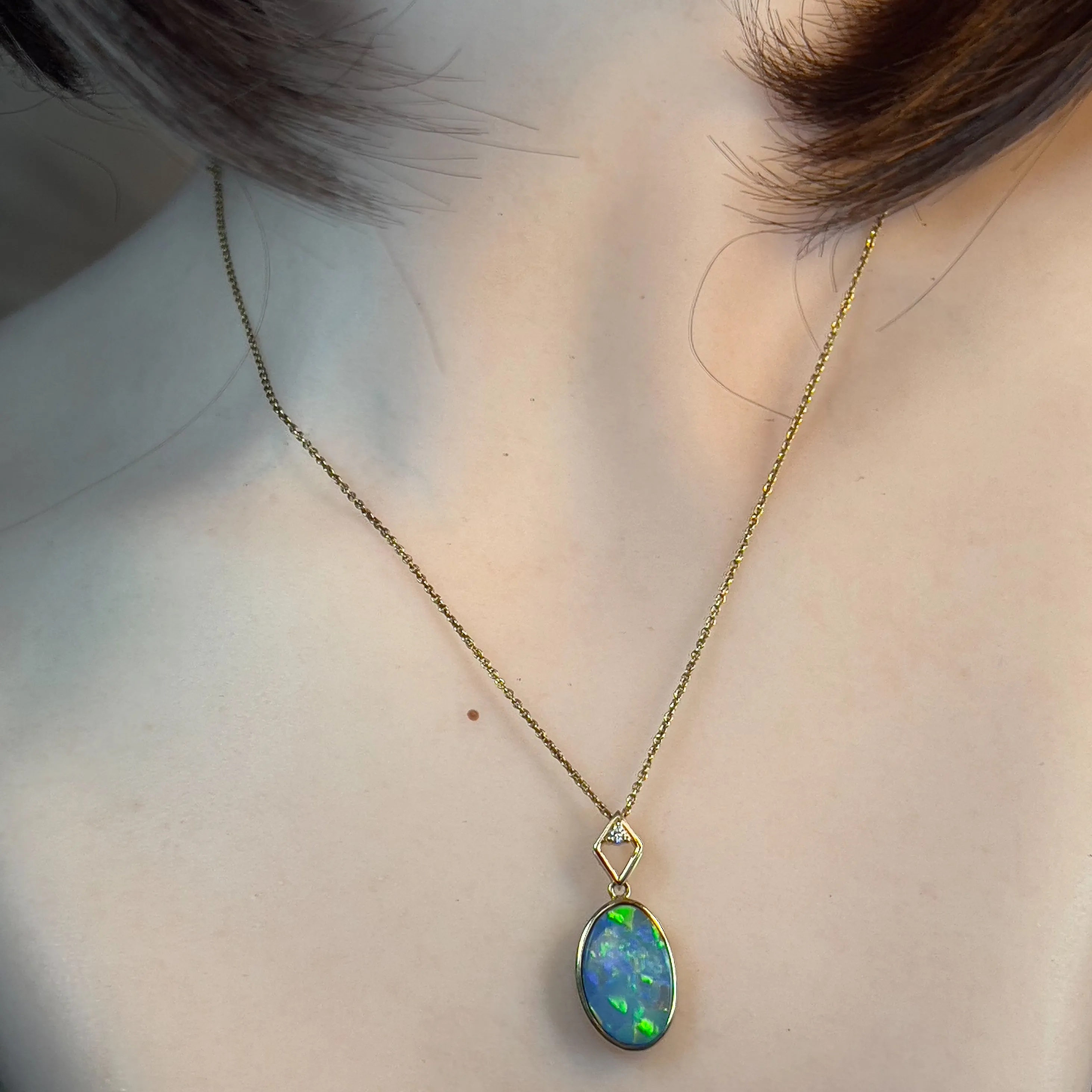 14kt Yellow Gold Opal Doublet 3.75ct and 0.03ct Diamonds bezel pendant