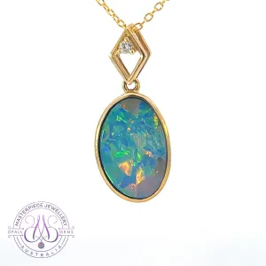 14kt Yellow Gold Opal Doublet 3.75ct and 0.03ct Diamonds bezel pendant