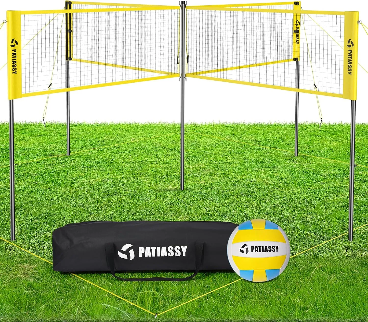 16FT 4 Square Volleyball Game Set with Adjustable Height, 4-Way Volleyball/Badminton Net Outdoor for Backyard, Lawn and Beach with Volleyball and Carry Bag