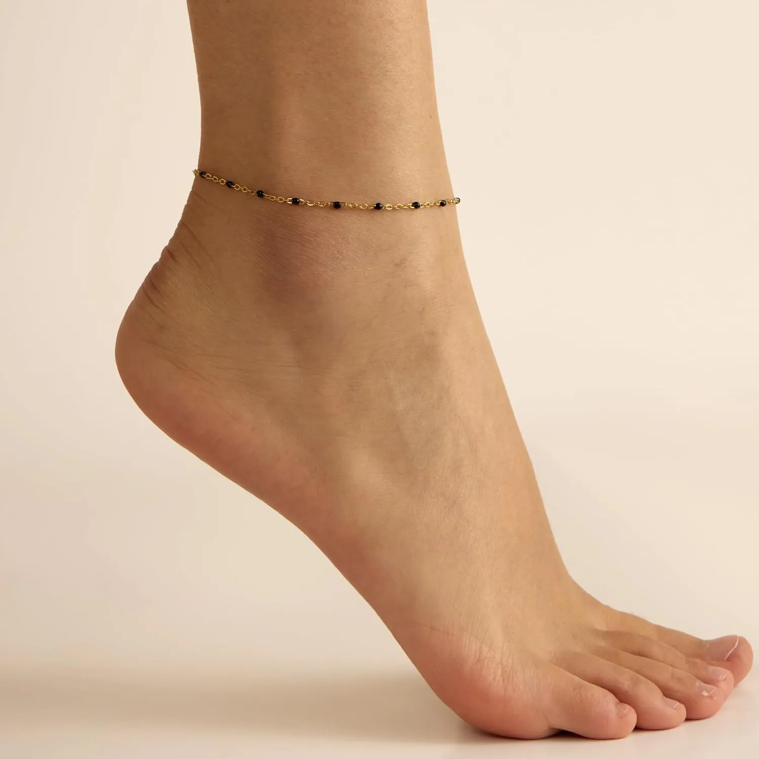18K Gold Plated Boho Beaded Anklets for Women Dainty Gold Layered Round Ball Ankle Bracelet Pearl Cross Anklet Bracelet Waterproof Gold Jewelry