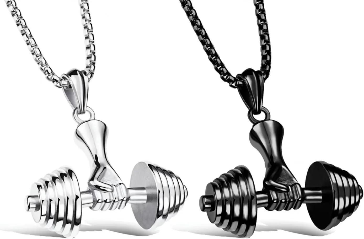 2 Pcs Fitness Dumbbell Necklace Weight Lifters Barbell Necklace Gothic Punk Biker Rock Hip Hop Pendant Necklace for Men Women - Silver and Black