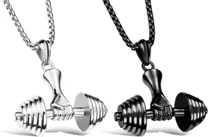 2 Pcs Fitness Dumbbell Necklace Weight Lifters Barbell Necklace Gothic Punk Biker Rock Hip Hop Pendant Necklace for Men Women - Silver and Black