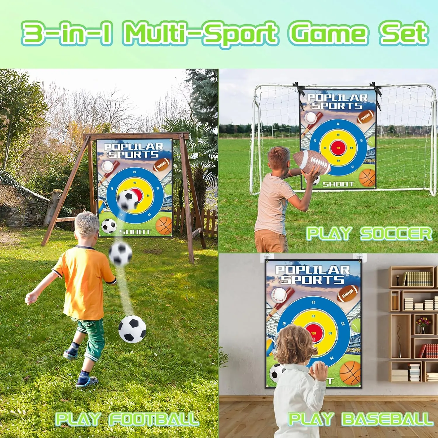 3-in-1 Soccer Football Baseball Gifts-Indoor Outdoor Backyard Toss Soccer Football Baseball Toys Game Set-Gift for 3-12 Year Old Boy Toys Birthday (3-in-1 Game Set No Stand)
