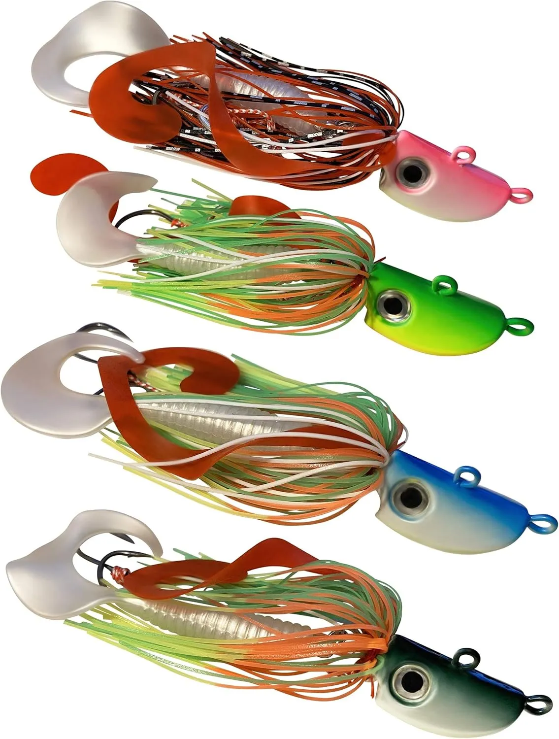 4 Bearded Bucktail Saltwater Octopus Jigs Striper, Flounder, Fluke, Bass, Bluefish, Blackfish Offshore, Surf Fishing Speed, Slow Jigging, Vertical Pitching Lures Assorted Kit