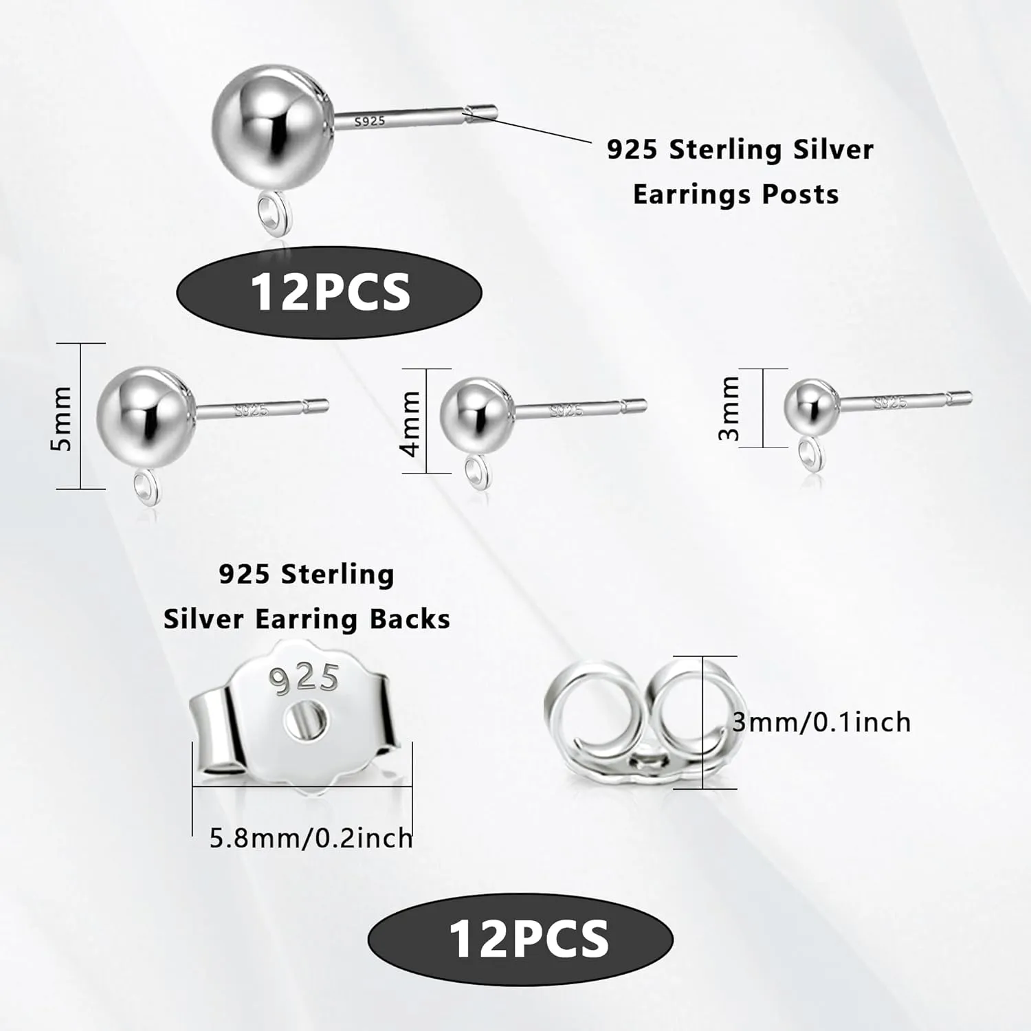 925 Sterling Silver Earrings Post, 12Pcs 3/4/5mm Ball Ear Studs with Loop Hypoallergenic Sterling Silver Findings Supplies Studs Posts for Dangle Earrings Butterfly Backs Replace Jewelry Making Set