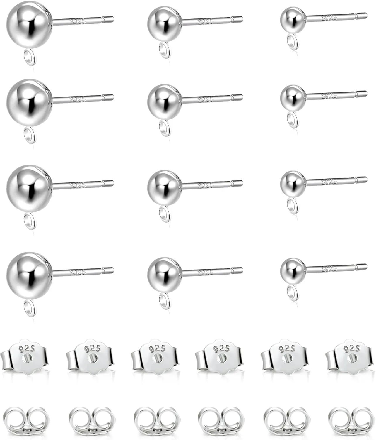 925 Sterling Silver Earrings Post, 12Pcs 3/4/5mm Ball Ear Studs with Loop Hypoallergenic Sterling Silver Findings Supplies Studs Posts for Dangle Earrings Butterfly Backs Replace Jewelry Making Set