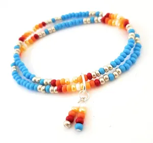Anklet Native American Beaded Double Strand Blue Sunset with Charm