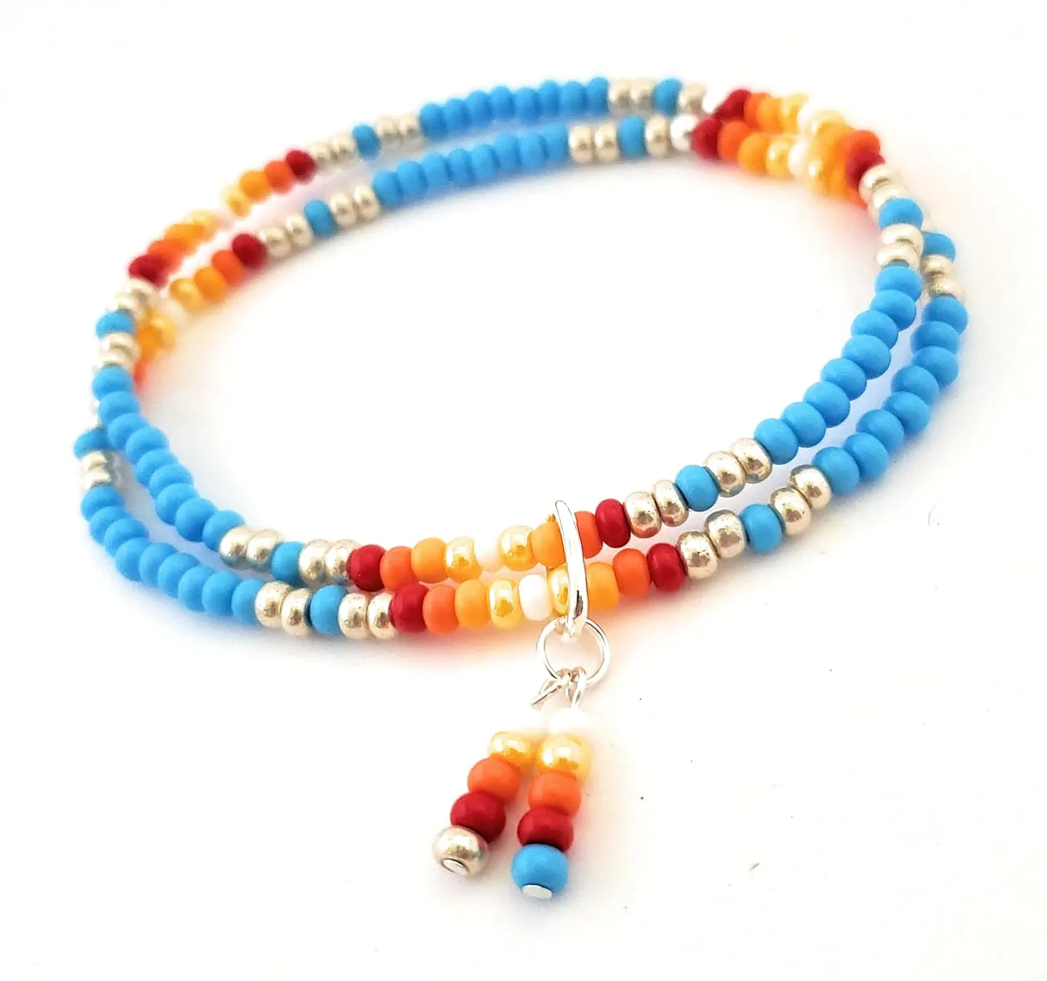 Anklet Native American Beaded Double Strand Blue Sunset with Charm