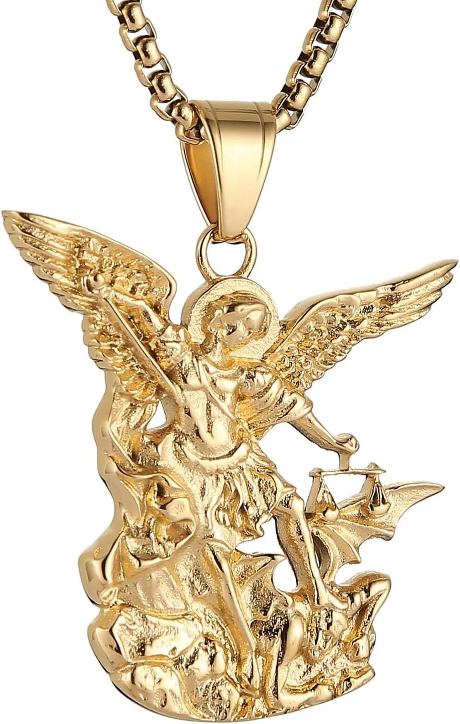 AsAlways St. Michael the Archangel Necklace for Men Stainless Steel Retro Gold Angel Exorcism Protect Amulet Pendant Necklace Jewelry Gift