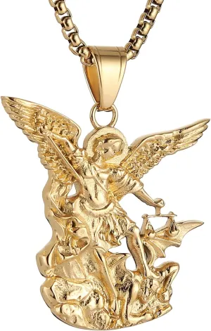 AsAlways St. Michael the Archangel Necklace for Men Stainless Steel Retro Gold Angel Exorcism Protect Amulet Pendant Necklace Jewelry Gift