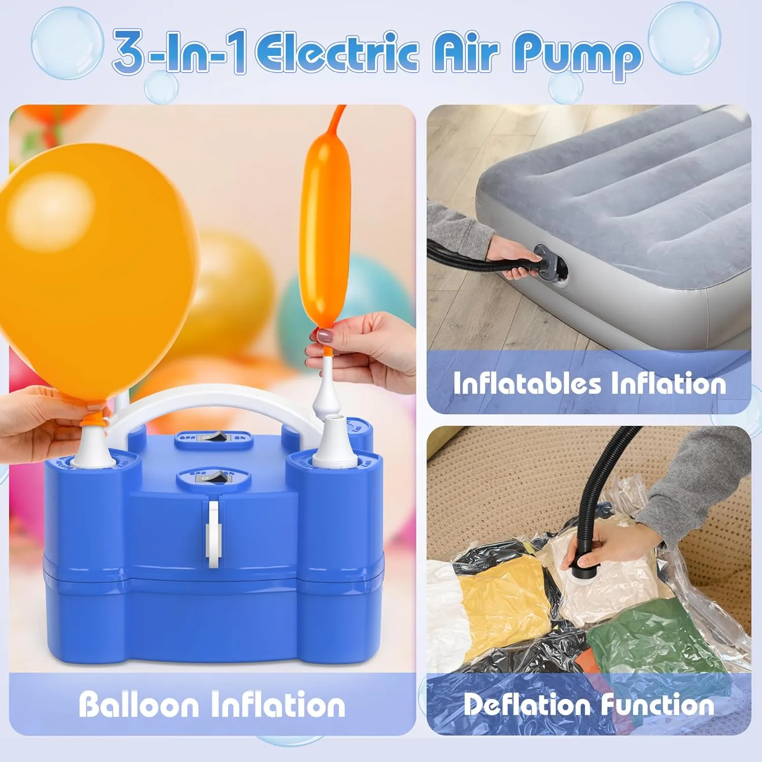 Balloon Pump, Triple Inflating Ports for 260q Foil Latex Mylar Balloon, 3-in-1 Electric Air Pump for Inflatables and Balloons, Inflator Deflator for Swimming Rings Air Mattress Pool Floats