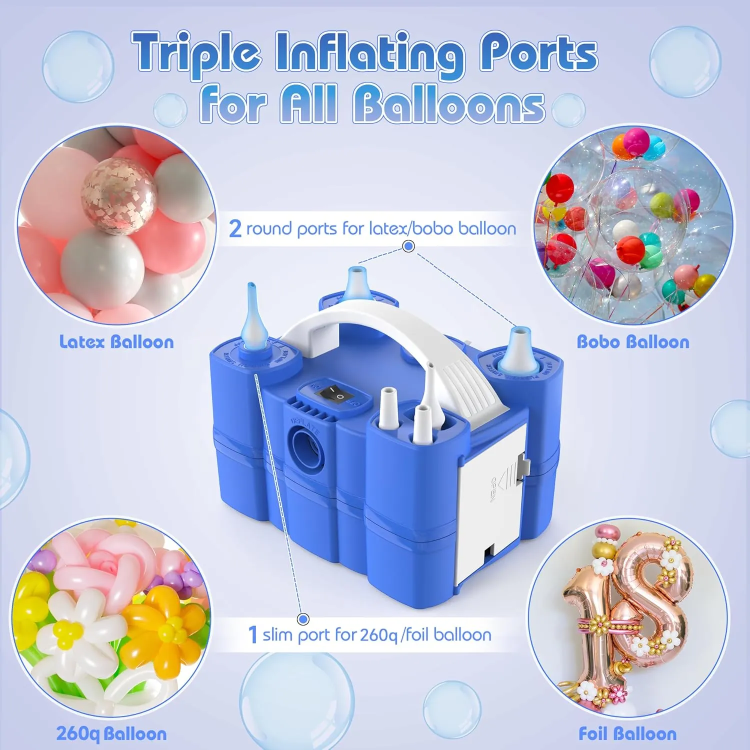 Balloon Pump, Triple Inflating Ports for 260q Foil Latex Mylar Balloon, 3-in-1 Electric Air Pump for Inflatables and Balloons, Inflator Deflator for Swimming Rings Air Mattress Pool Floats