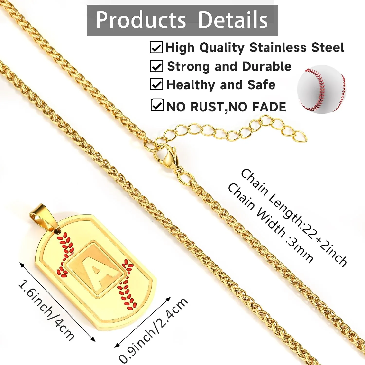 Baseball Initial Necklace for Men Dog Tag Stainless Steel Sliver/Black/Gold Letter Pendant Sport Baseball Athletes Jewelry Kids Boys Men Teens Boyfriend Dad