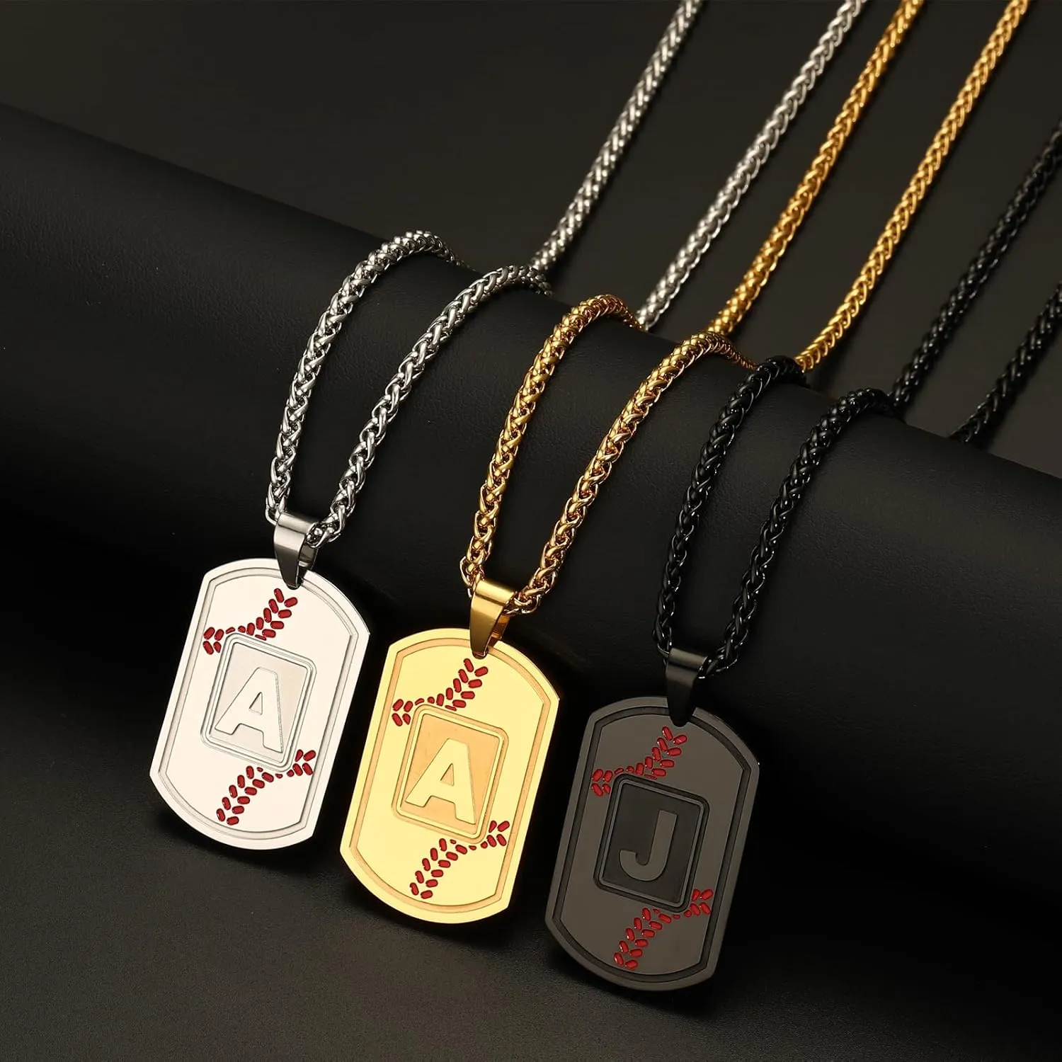 Baseball Initial Necklace for Men Dog Tag Stainless Steel Sliver/Black/Gold Letter Pendant Sport Baseball Athletes Jewelry Kids Boys Men Teens Boyfriend Dad