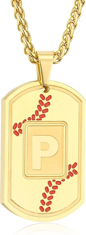 Baseball Initial Necklace for Men Dog Tag Stainless Steel Sliver/Black/Gold Letter Pendant Sport Baseball Athletes Jewelry Kids Boys Men Teens Boyfriend Dad