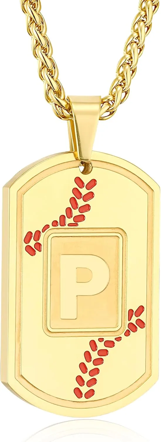 Baseball Initial Necklace for Men Dog Tag Stainless Steel Sliver/Black/Gold Letter Pendant Sport Baseball Athletes Jewelry Kids Boys Men Teens Boyfriend Dad