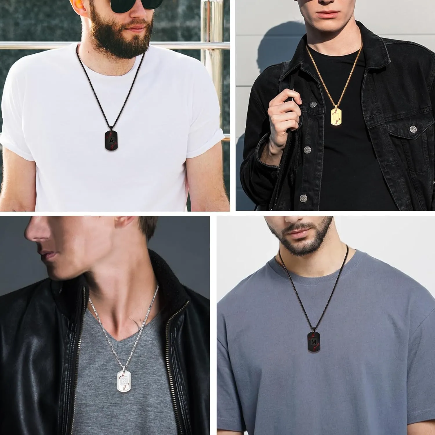 Baseball Initial Necklace for Men Dog Tag Stainless Steel Sliver/Black/Gold Letter Pendant Sport Baseball Athletes Jewelry Kids Boys Men Teens Boyfriend Dad