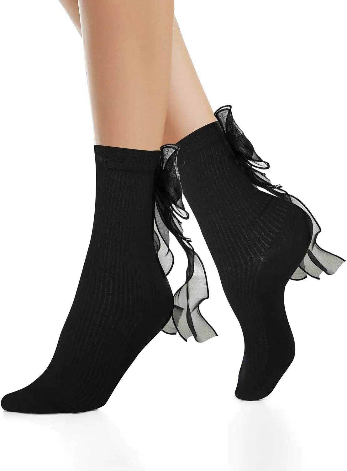 Benefeet Lace Ruffle Socks with Bow - Frilly Turn-Cuff Dress Anklet Socks for Women & Girls