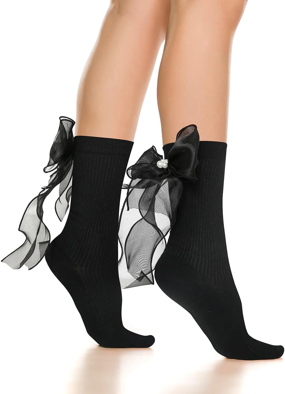 Benefeet Lace Ruffle Socks with Bow - Frilly Turn-Cuff Dress Anklet Socks for Women & Girls