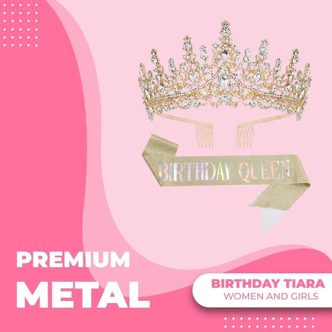 Birthday Tiara Crown with Sash for Women, Headband Hair Accessories for Wedding Party Costume Gold