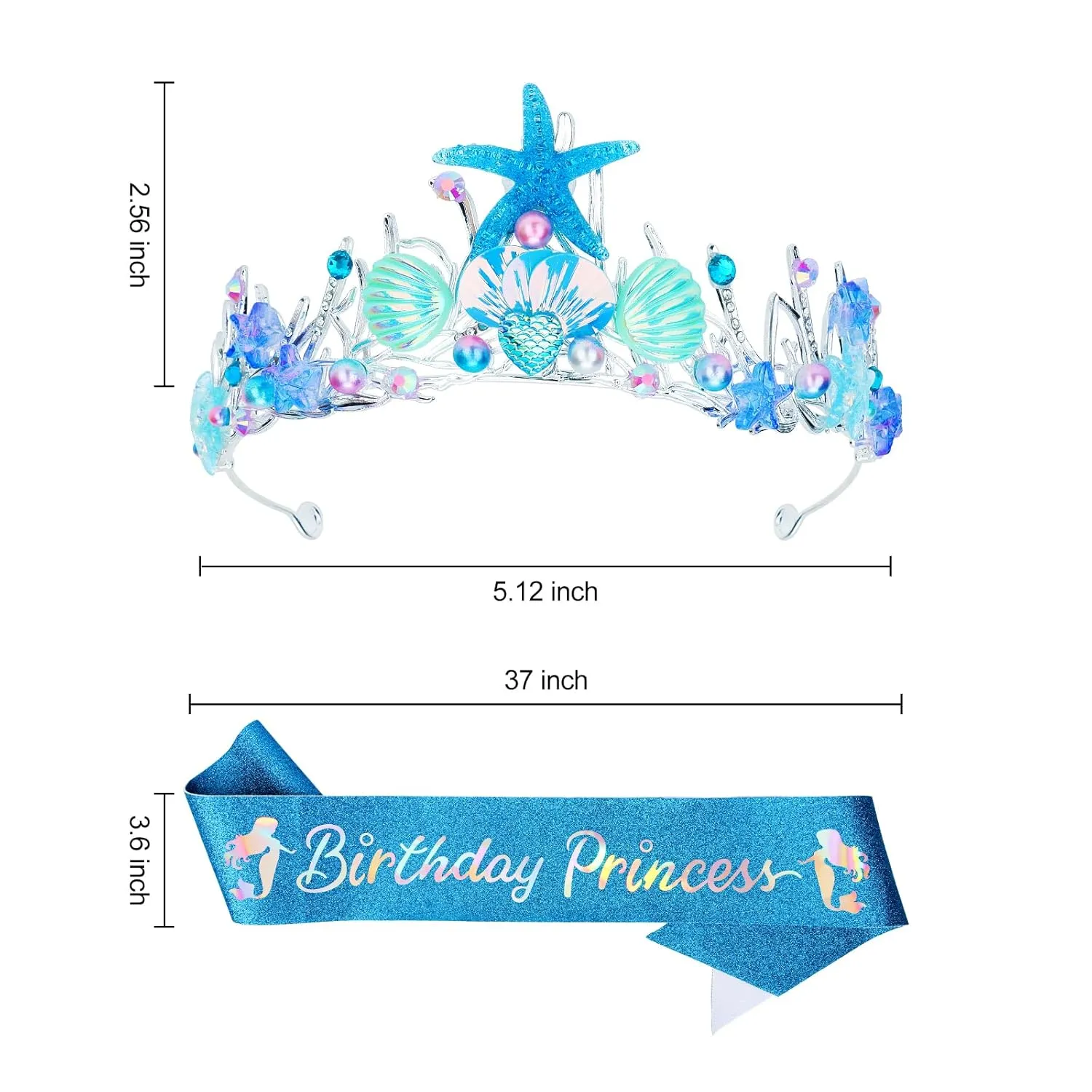 Blue Mermaid Crown and Sash for Women Birthday Crown and Sash for Birthday Princess Mermaid Adult Crown Ocean Theme Mermaid Birthday Decoration Seashell Fishtail Crown Halloween