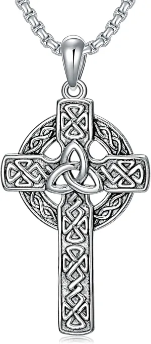 Celtic Cross Necklace For men Silver Cross Pendant Necklace Mens Celtic Cross Celtic Amulet Necklace Protection Jewelry Religious Gifts with 2.5mm 22" 2" Adjustable Rolo Chain