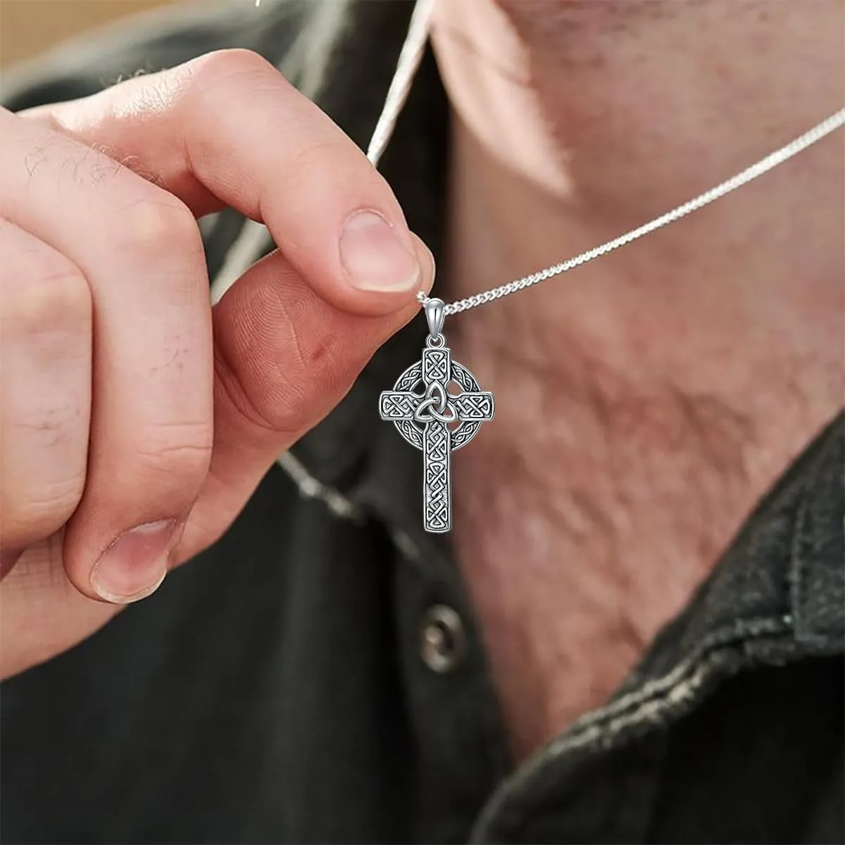 Celtic Cross Necklace For men Silver Cross Pendant Necklace Mens Celtic Cross Celtic Amulet Necklace Protection Jewelry Religious Gifts with 2.5mm 22" 2" Adjustable Rolo Chain