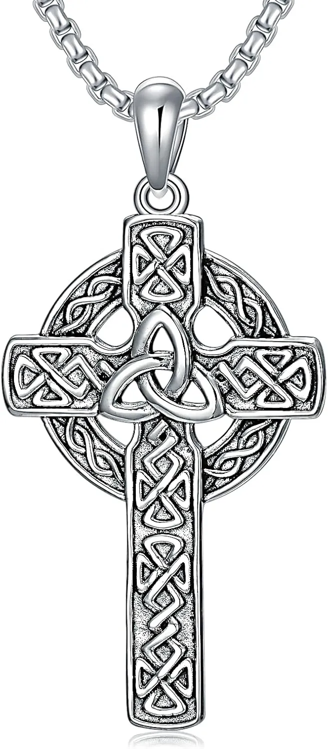 Celtic Cross Necklace For men Silver Cross Pendant Necklace Mens Celtic Cross Celtic Amulet Necklace Protection Jewelry Religious Gifts with 2.5mm 22" 2" Adjustable Rolo Chain