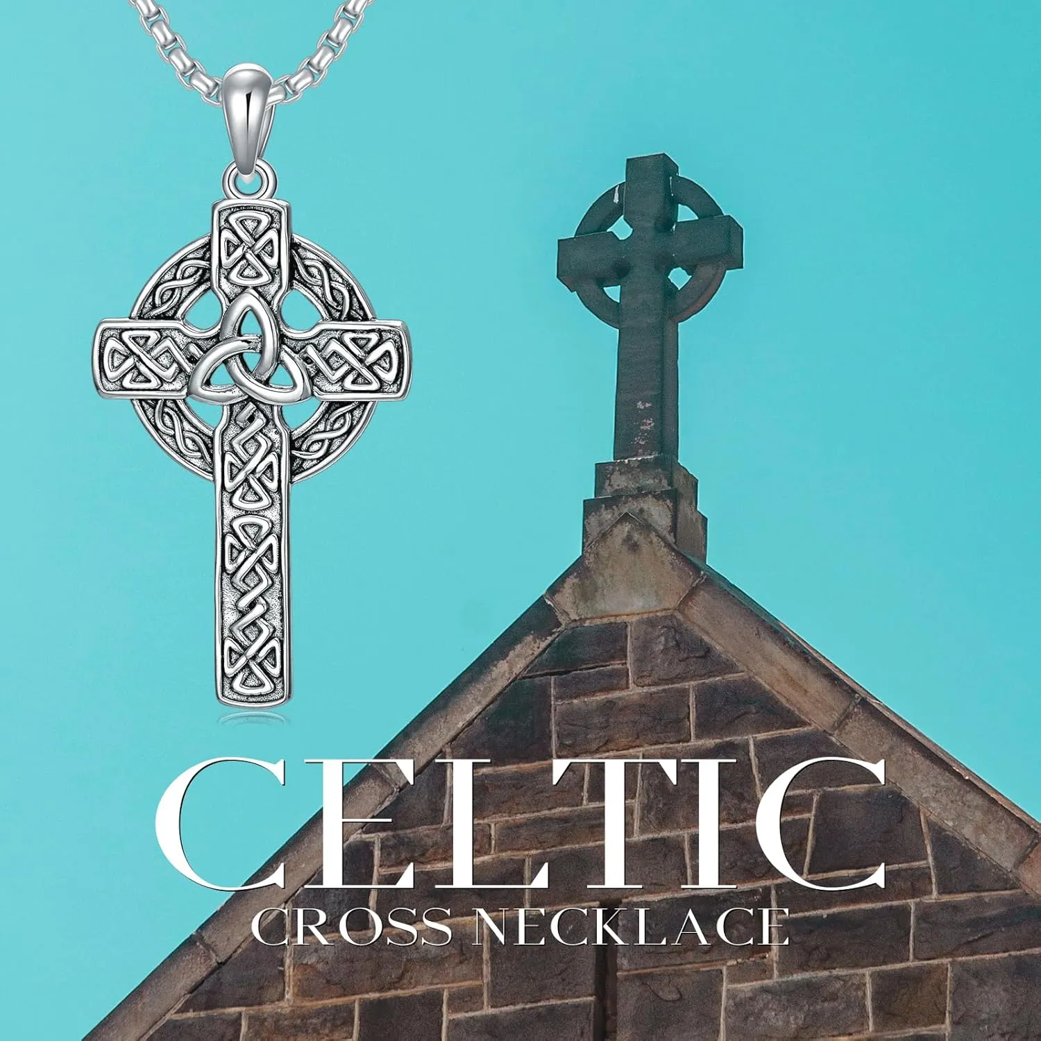 Celtic Cross Necklace For men Silver Cross Pendant Necklace Mens Celtic Cross Celtic Amulet Necklace Protection Jewelry Religious Gifts with 2.5mm 22" 2" Adjustable Rolo Chain