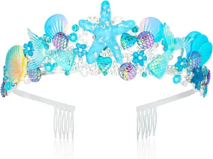 CIEHER Mermaid Blue Starfish Tiara Shell Crowns for Women Girls, Mermaid Princess Birthday Decorations