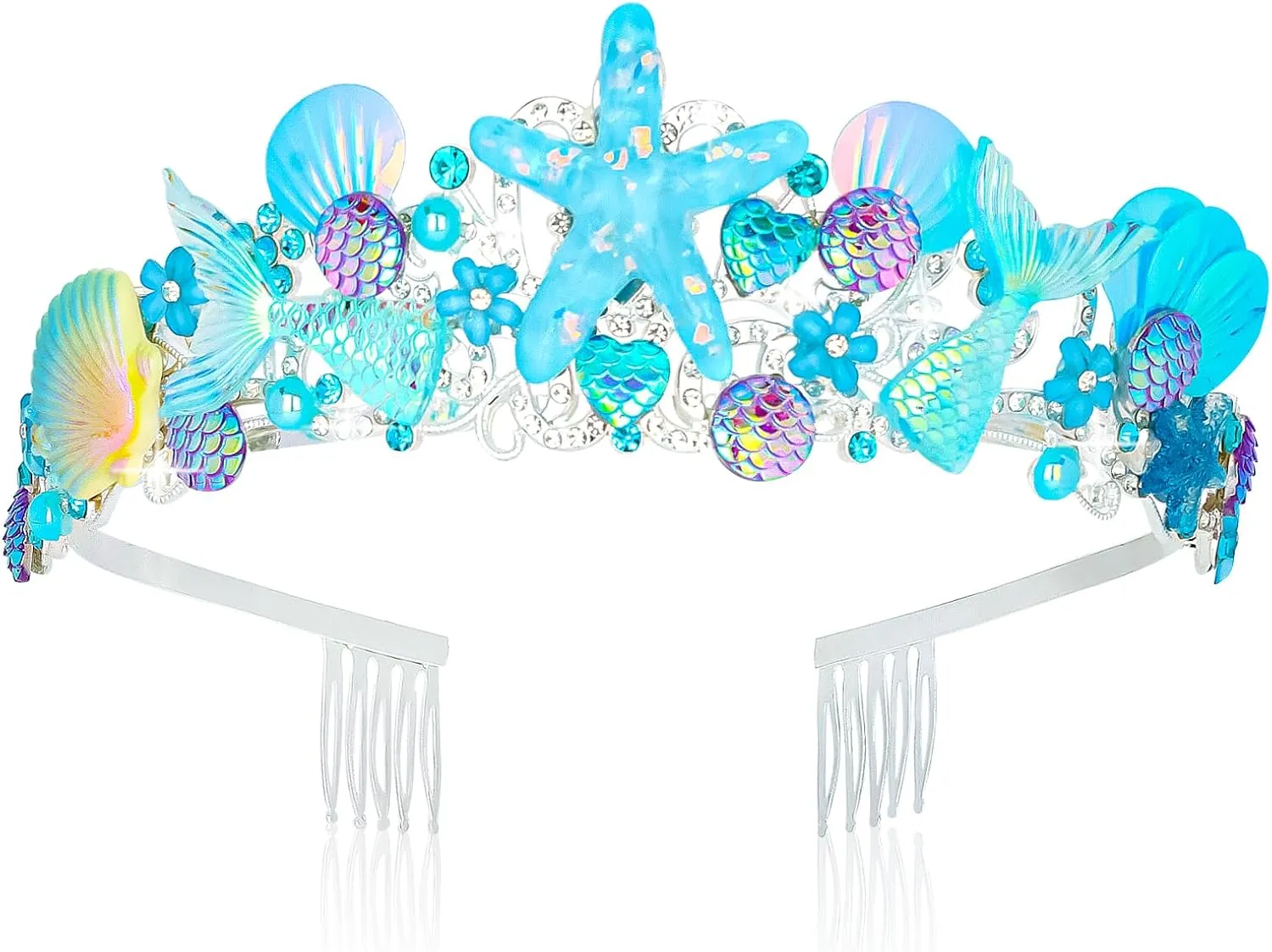 CIEHER Mermaid Blue Starfish Tiara Shell Crowns for Women Girls, Mermaid Princess Birthday Decorations