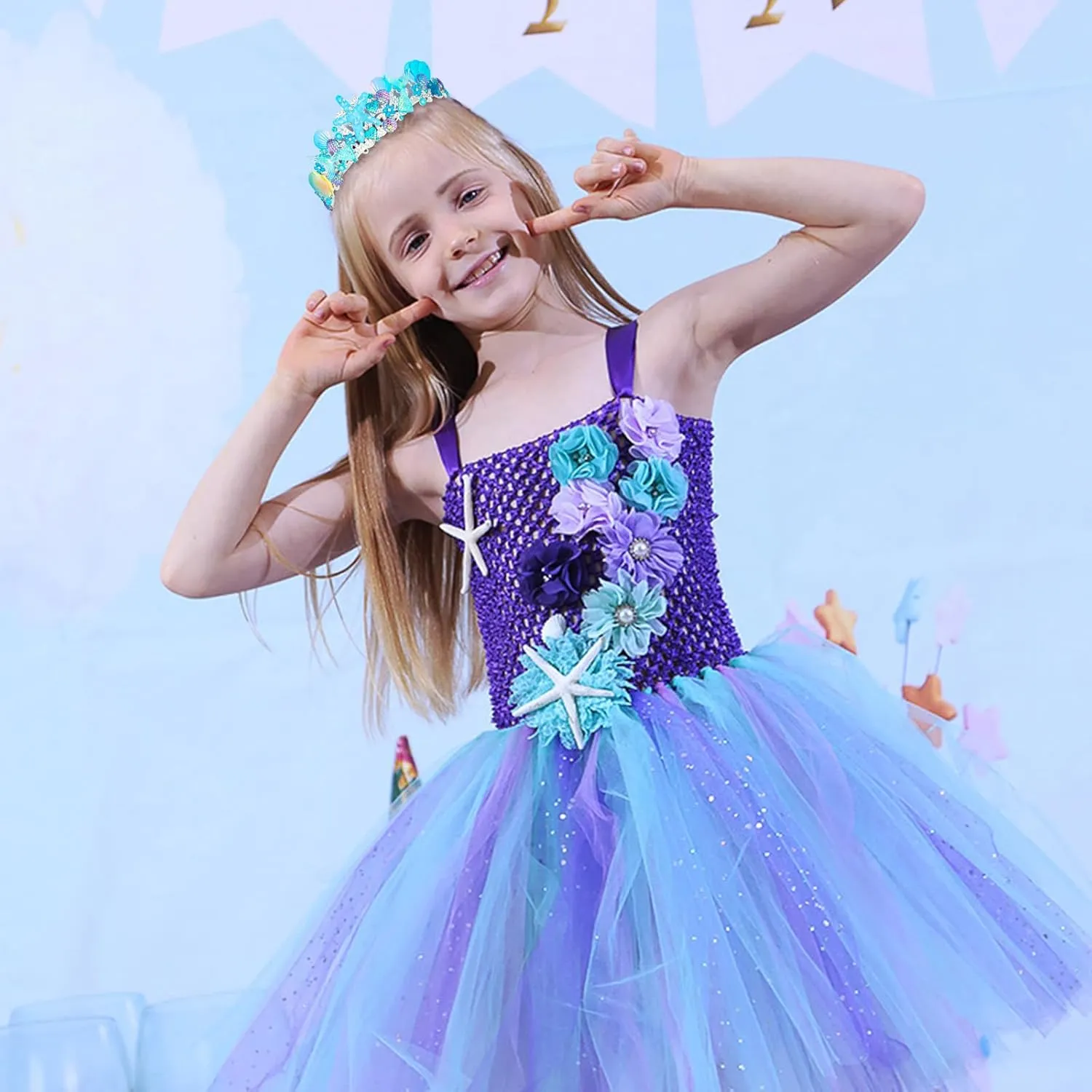 CIEHER Mermaid Blue Starfish Tiara Shell Crowns for Women Girls, Mermaid Princess Birthday Decorations