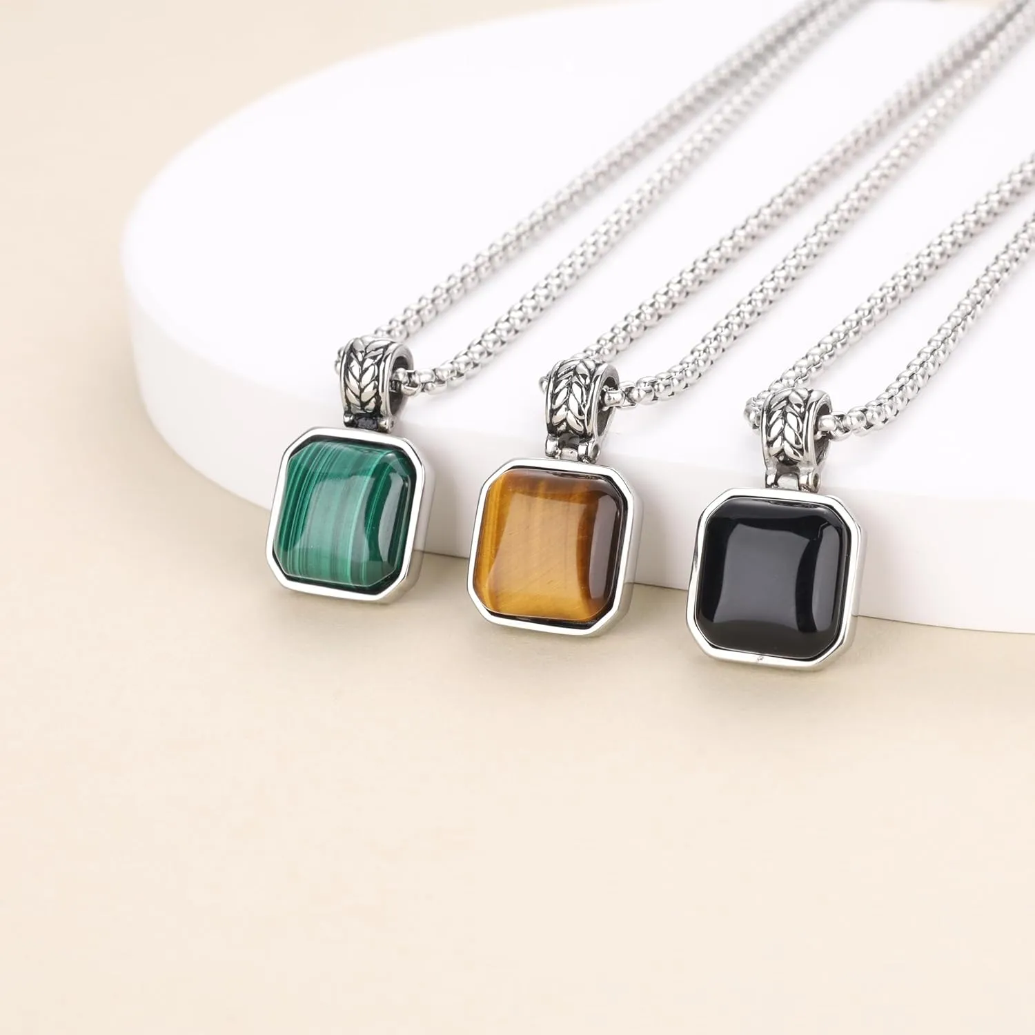 COAI Stainless Steel Necklace for Men, Men's Crystal Necklace, Tiger Eye/Malachite/Black Obsidian