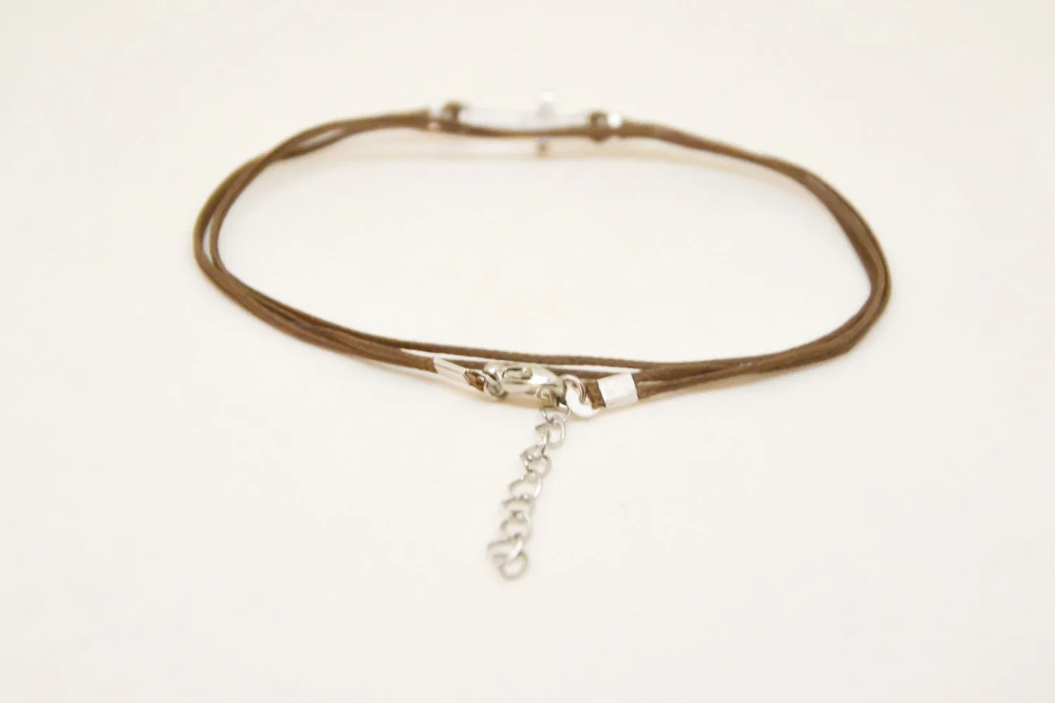 Cross ankle bracelet with silver charm, women's brown anklet, gift for her