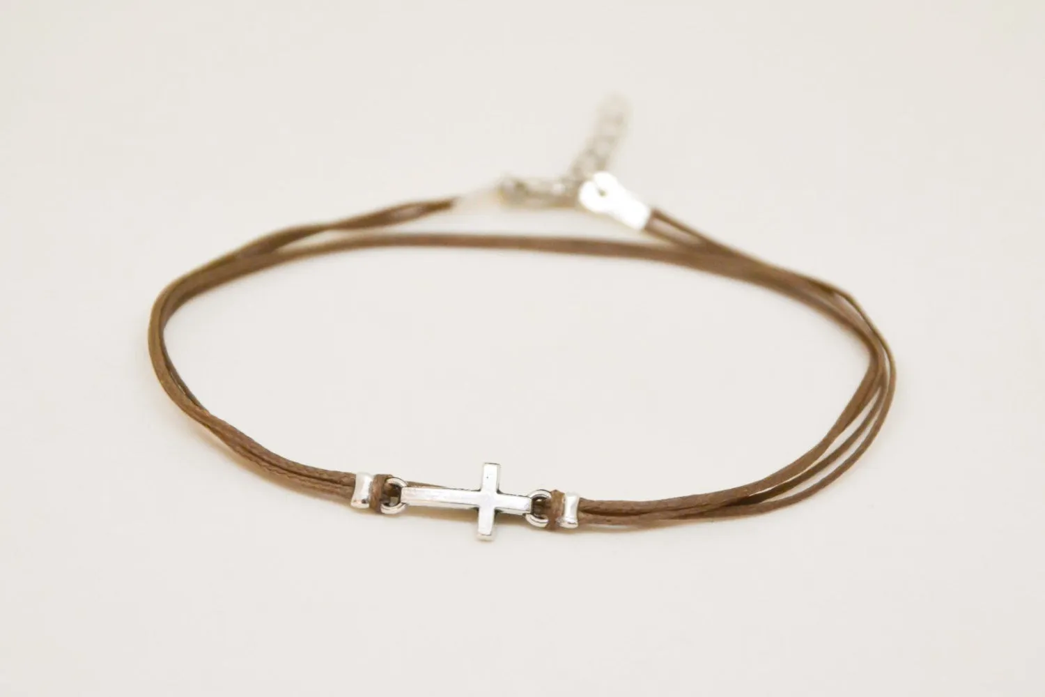 Cross ankle bracelet with silver charm, women's brown anklet, gift for her