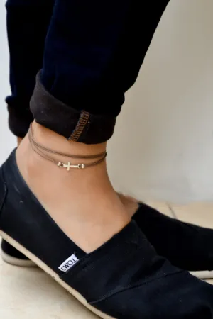 Cross ankle bracelet with silver charm, women's brown anklet, gift for her