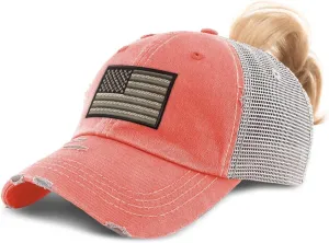 Custom Womens Ponytail Cap Black White American Flag Embroidery Cotton