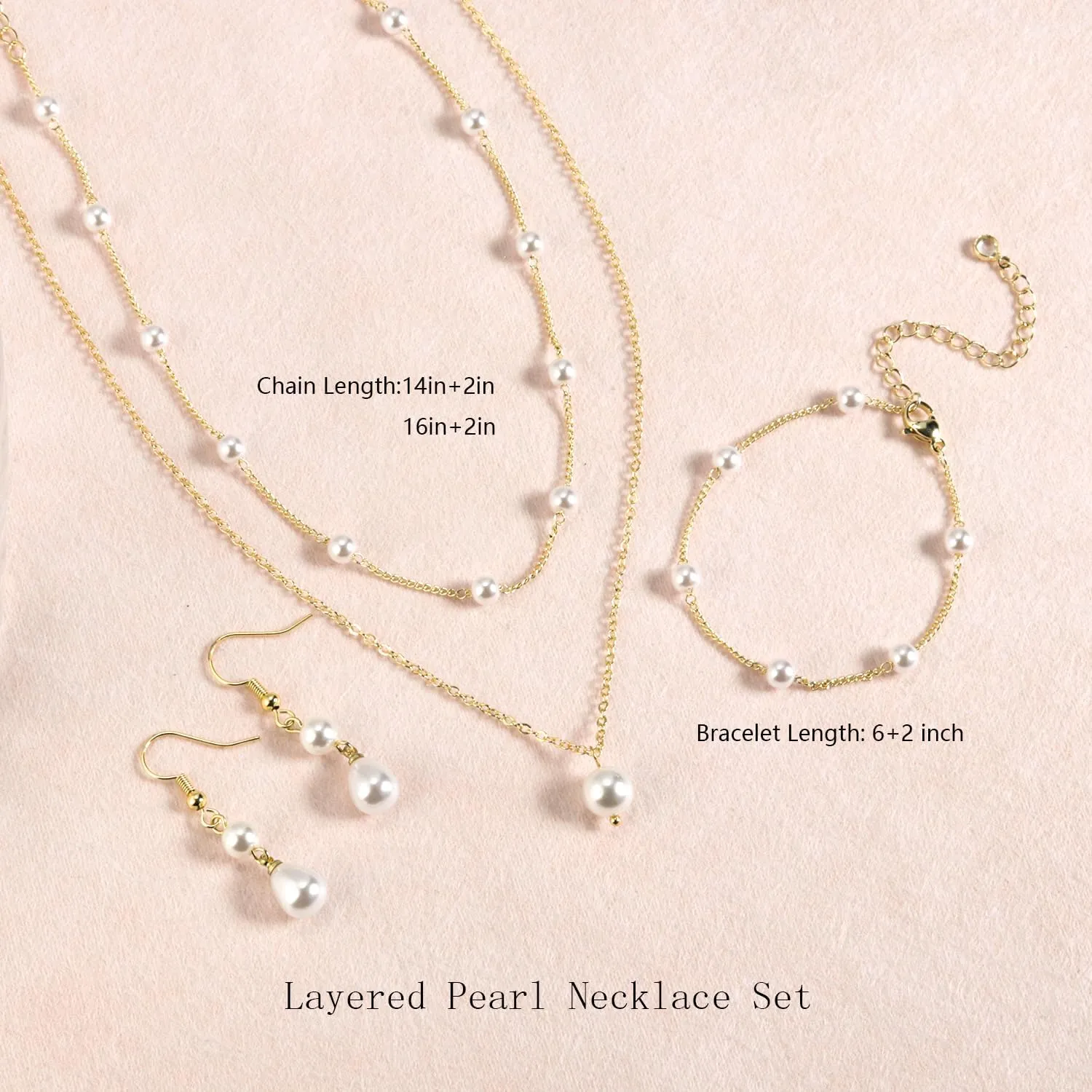 DIBOLA Gold Jewelry Set for Women, Dainty Layered 14K Gold/Silver Pearl Choker Necklaces and Earring Set Pearl Earrings Bracelets Wedding Bride Jewelry