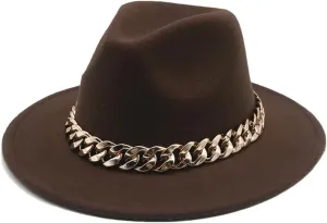 Fedora Hats Women Men Wide Brim Thick Gold Chain Band Felted Hat Jazz Cap Panama Hat Coffee 60-62cm(XL)