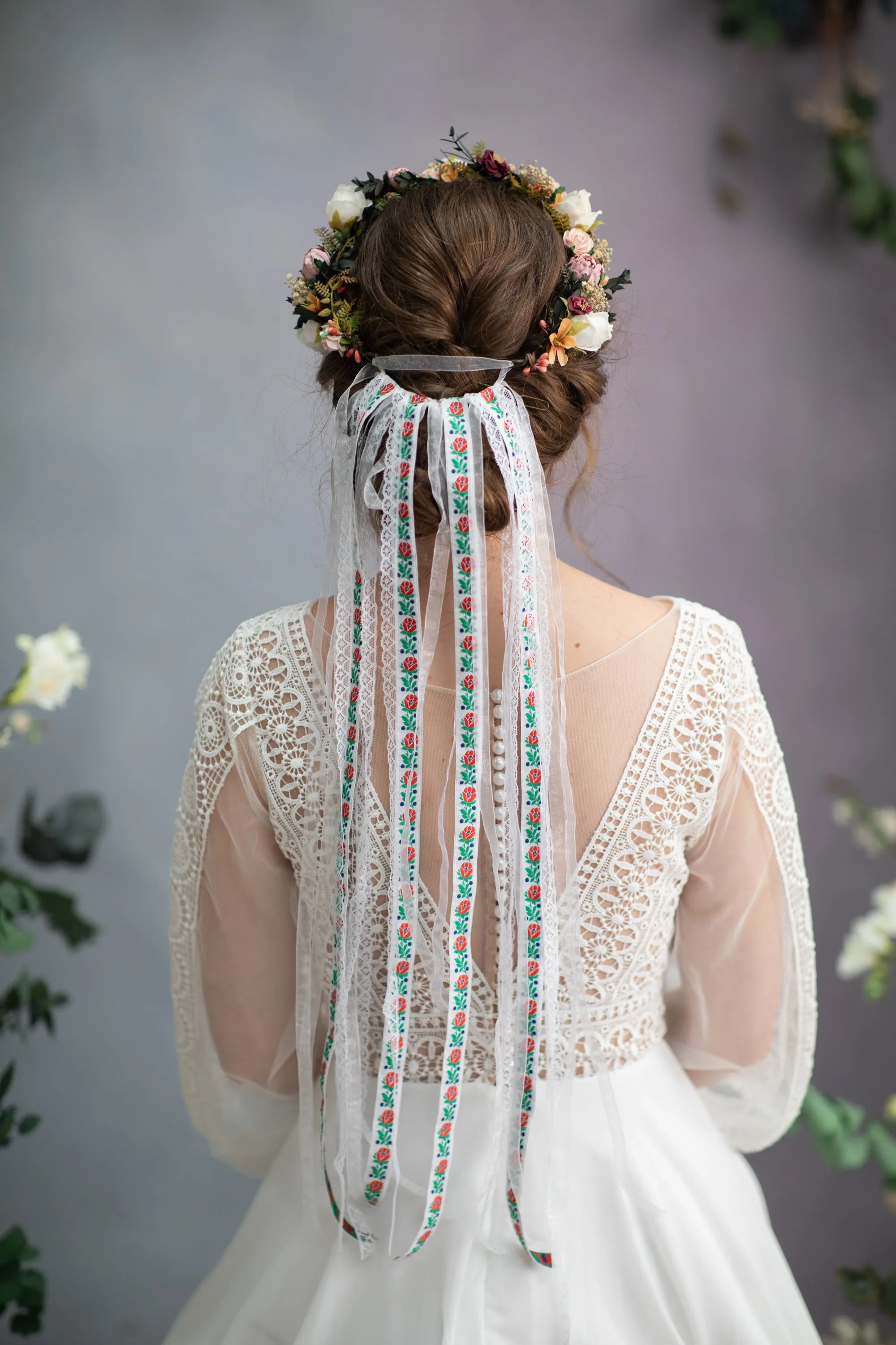 Folk peony and rose hair crown
