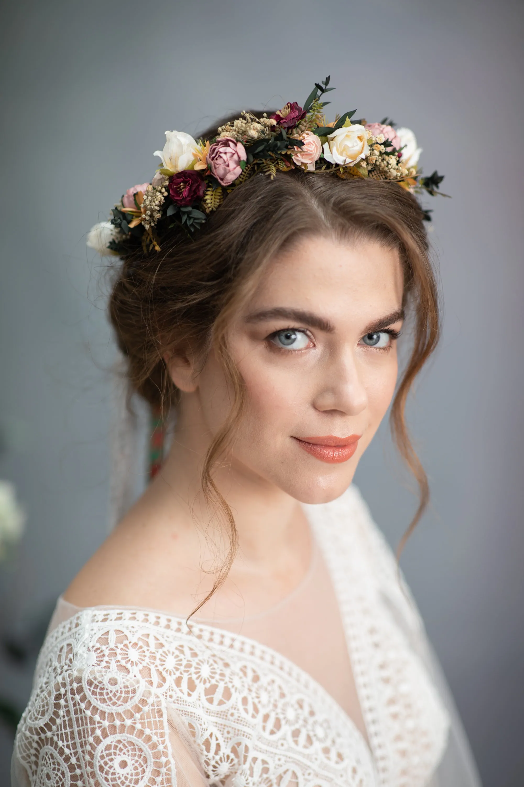 Folk peony and rose hair crown