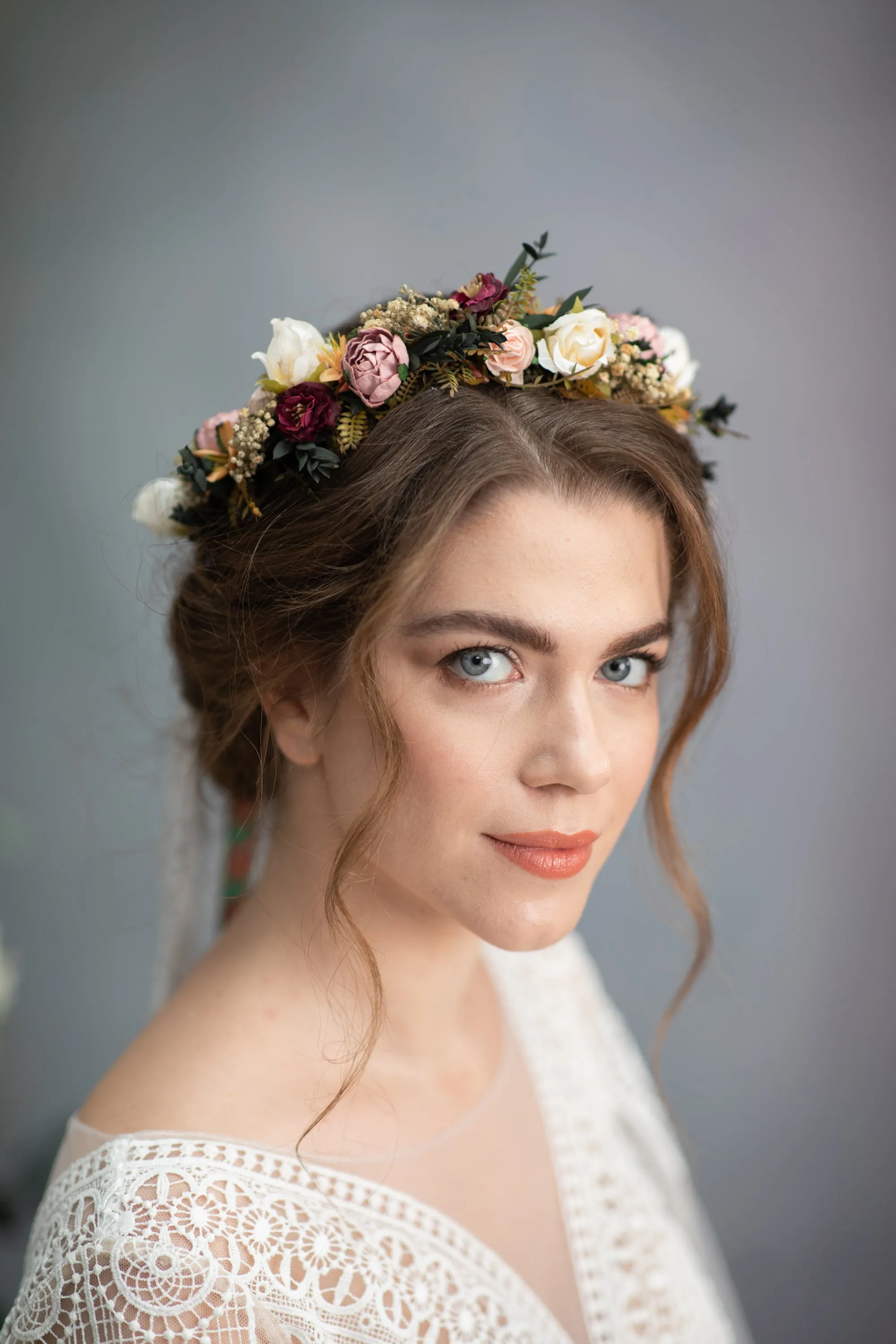 Folk peony and rose hair crown
