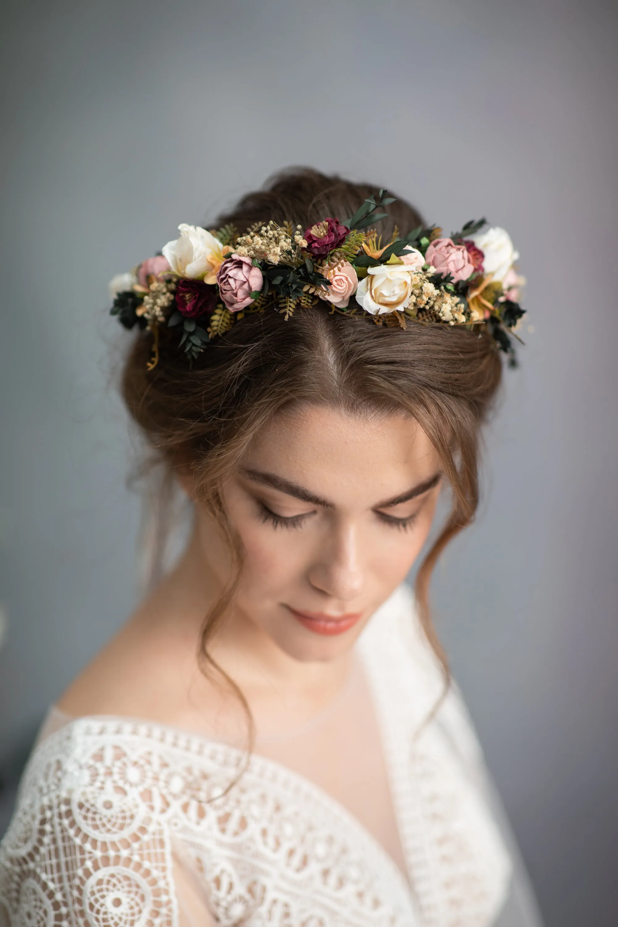 Folk peony and rose hair crown