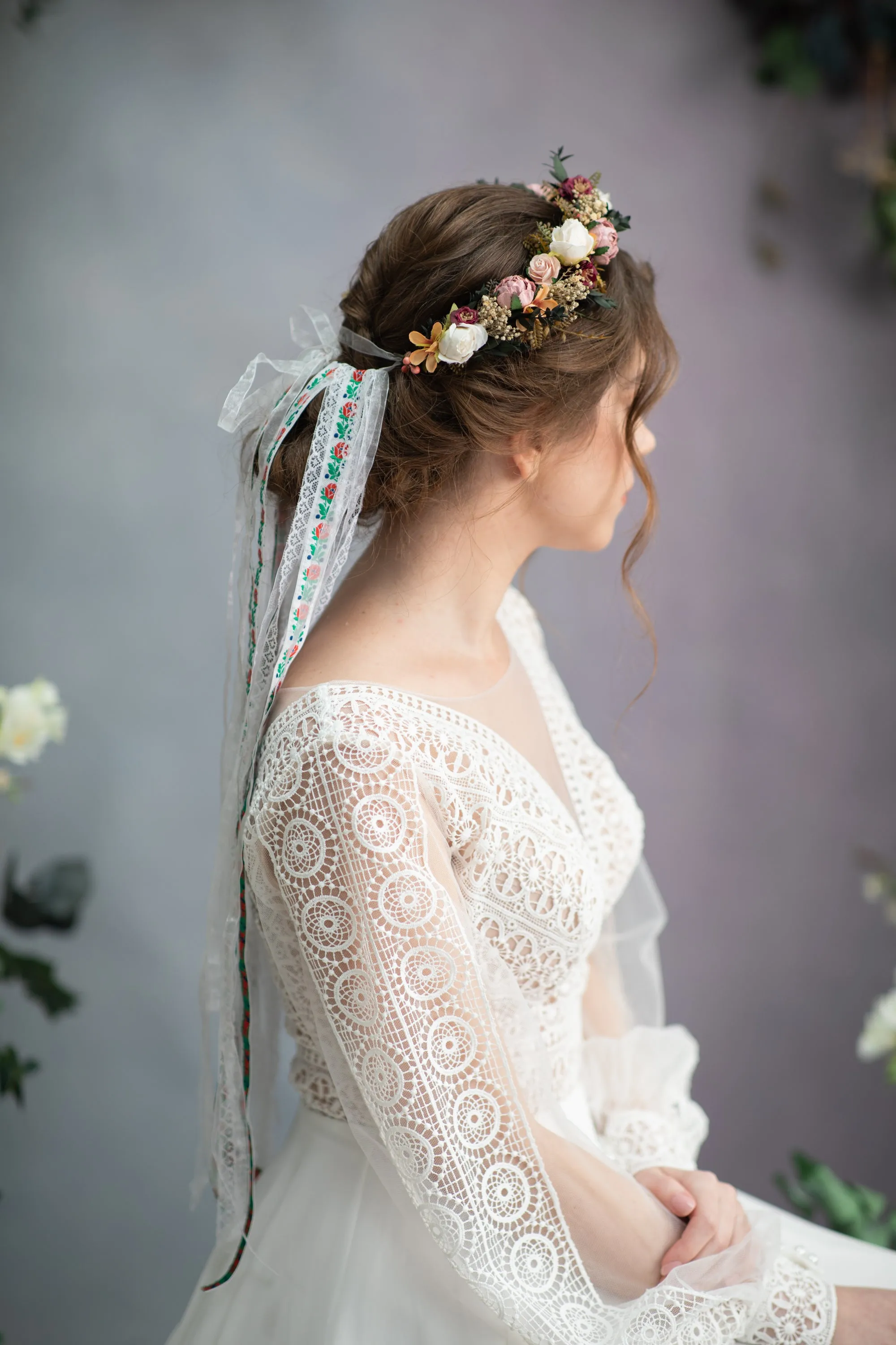 Folk peony and rose hair crown