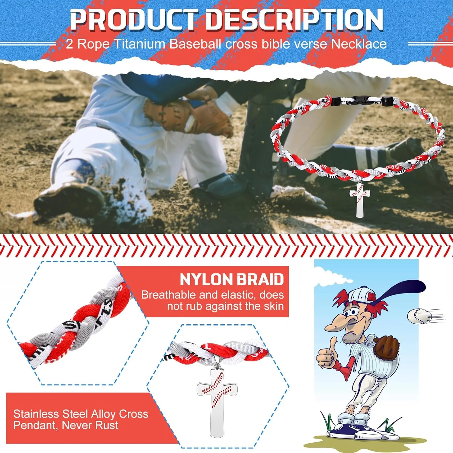 Glenmal 2 Rope Baseball Cross Necklace Boys Baseball Titanium Necklace Stainless Steel Cross Pendant Sports Braided Tornado Baseball Necklace Gifts for Men Kids, 20 Inches