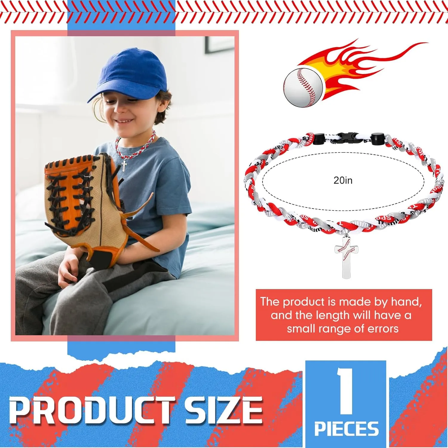Glenmal 2 Rope Baseball Cross Necklace Boys Baseball Titanium Necklace Stainless Steel Cross Pendant Sports Braided Tornado Baseball Necklace Gifts for Men Kids, 20 Inches