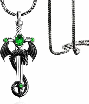 Gothic Sword Dragon Necklace Rhinestone Dagger Necklace Vintage Dragon Wrapped Sword Cross Pendant Necklace Punk Dragon Pendant Necklace Dark Gothic Halloween Jewelry for Men Women