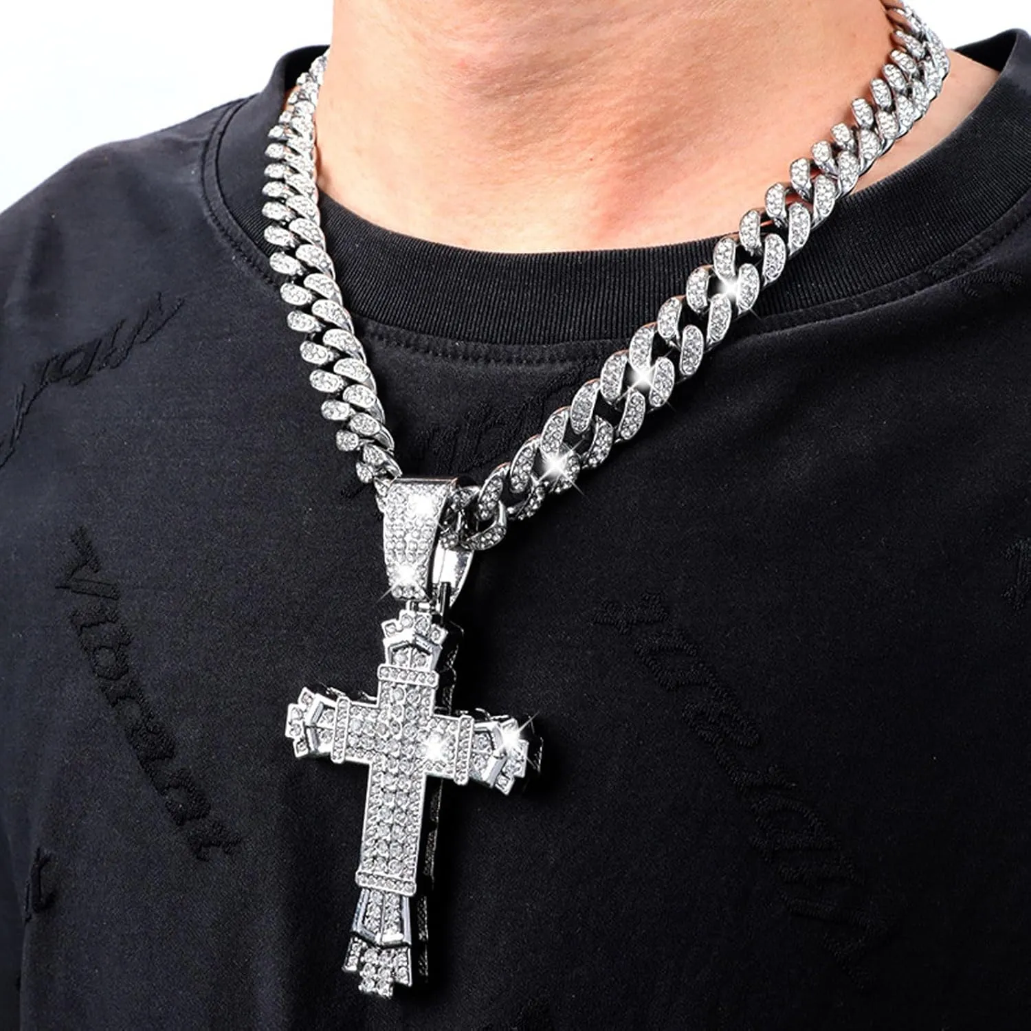 Iced Out Cuban Link Chain for Men, Miami Style Silver and Gold Plated Bling Necklace, Diamond Hip Hop Jewelry